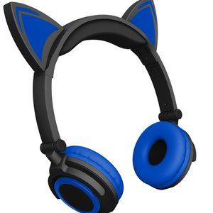 Headphone Earphone On Ear Wired LED Cat Ears Stereo Headsets Blue and Black